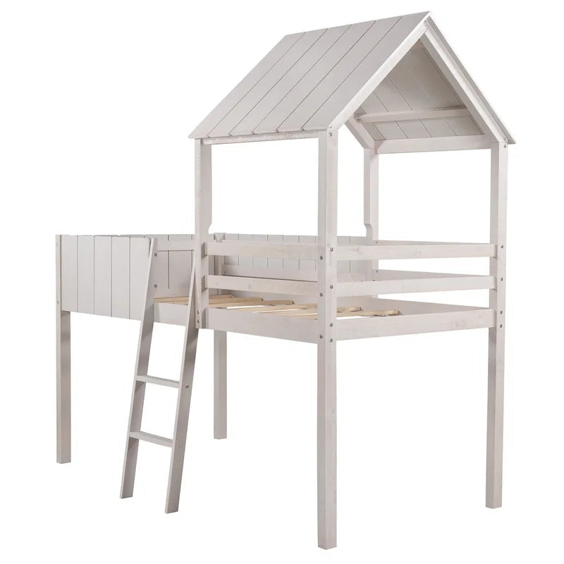 Twin Size Loft Bed Wood House Bed With Roof, White