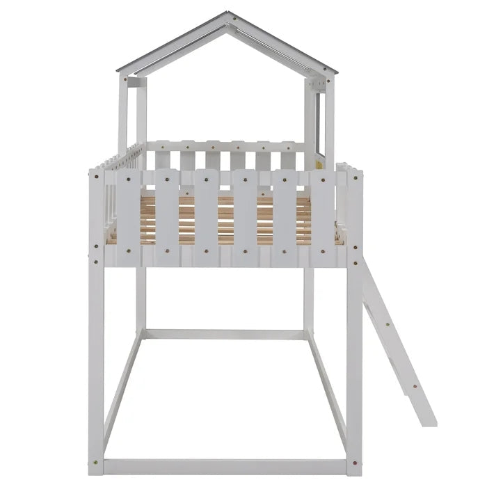 Rustic House Bunk Bed with Fence-Shaped Guardrail, White