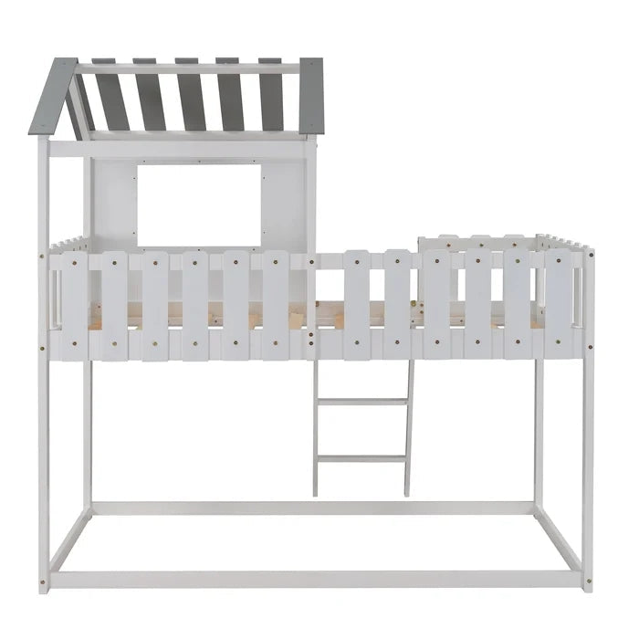 Rustic House Bunk Bed with Fence-Shaped Guardrail, White