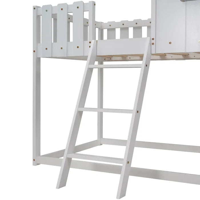 Rustic House Bunk Bed with Fence-Shaped Guardrail, White