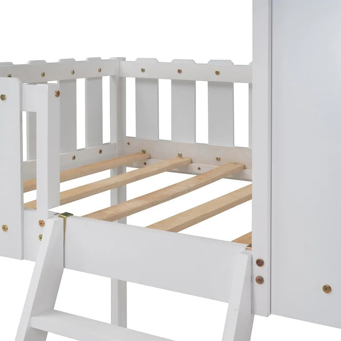 Rustic House Bunk Bed with Fence-Shaped Guardrail, White