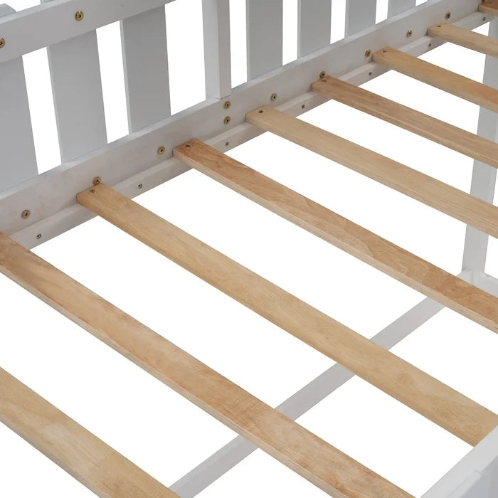 Rustic House Bunk Bed with Fence-Shaped Guardrail, White