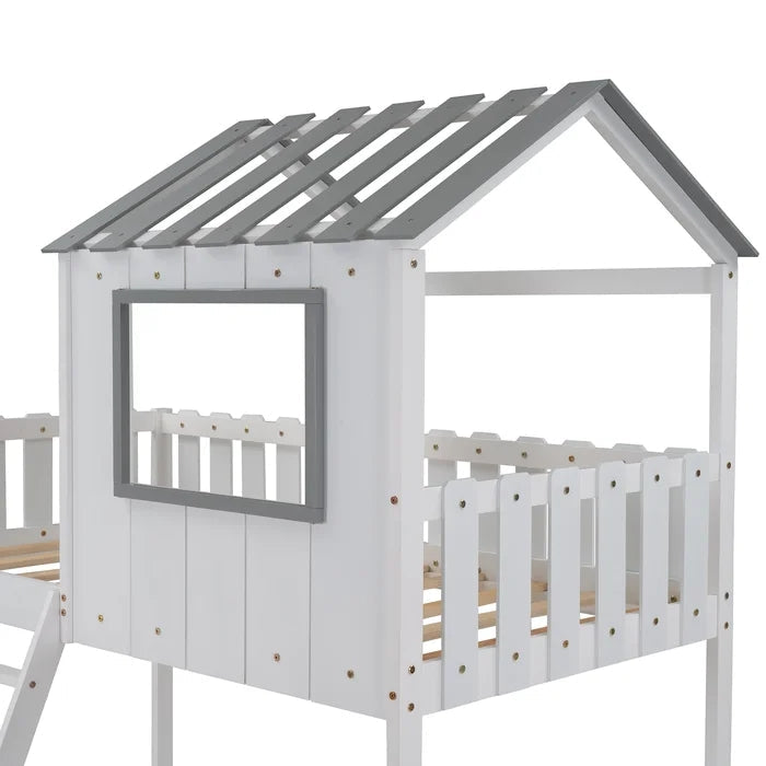 Rustic House Bunk Bed with Fence-Shaped Guardrail, White