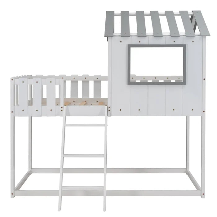 Rustic House Bunk Bed with Fence-Shaped Guardrail, White