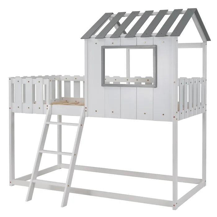 Rustic House Bunk Bed with Fence-Shaped Guardrail, White