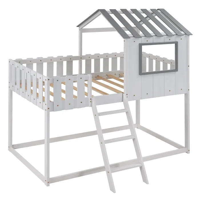 Rustic House Bunk Bed with Fence-Shaped Guardrail, White