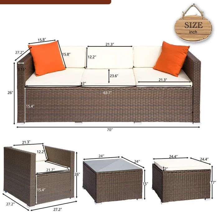 4pcs Rattan Patio Furniture Set Wicker Cushioned Sectional Sofa Set (Brown)