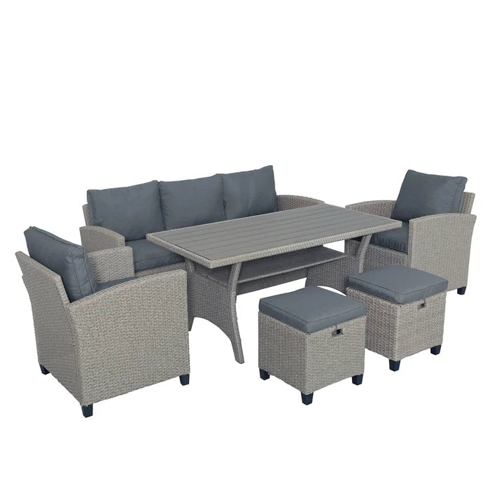 6-pcs Outdoor Rattan Wicker Set Patio Garden Backyard Sofa, Chair, Stools and Table