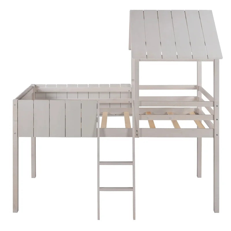 Twin Size Loft Bed Wood House Bed With Roof, White