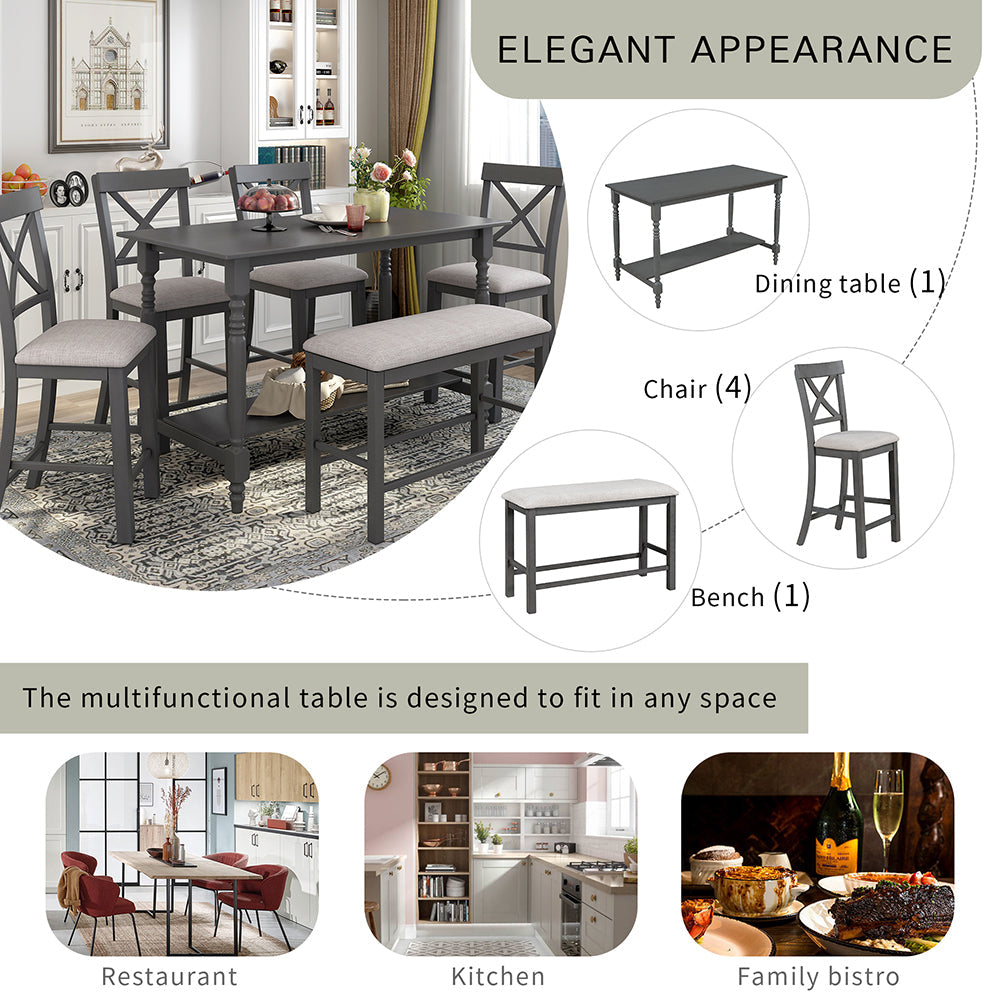 Dining Table Set with Upholstered Counter Height Chairs and Bench