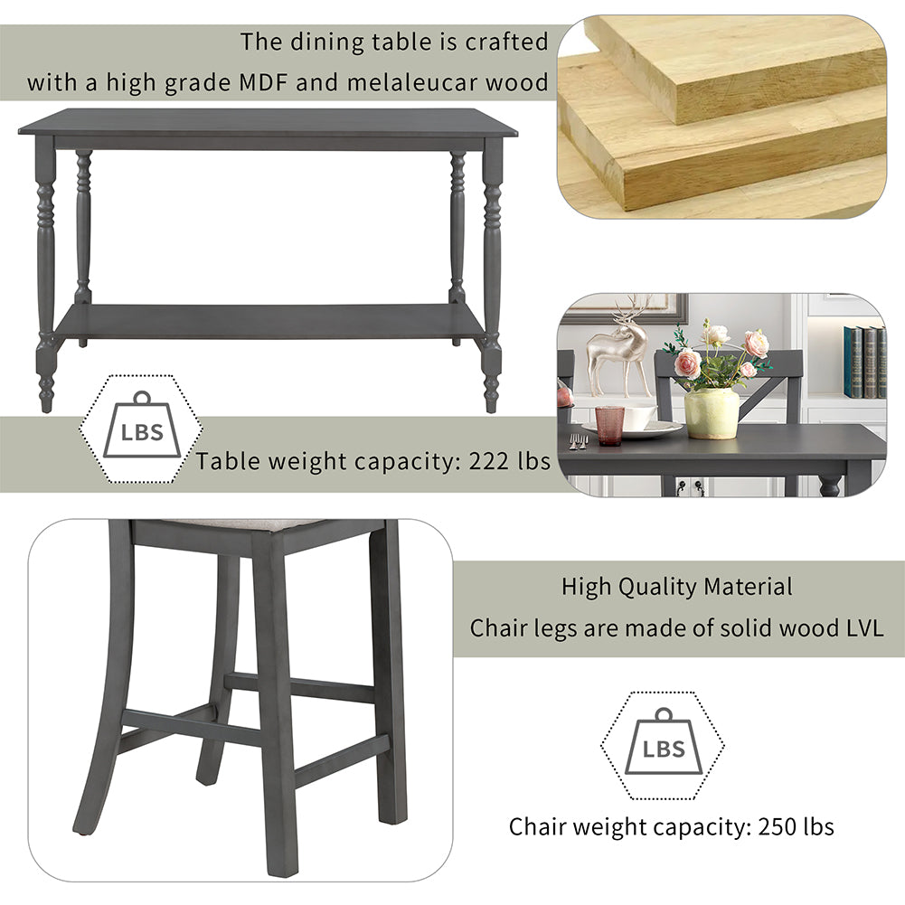 Dining Table Set with Upholstered Counter Height Chairs and Bench