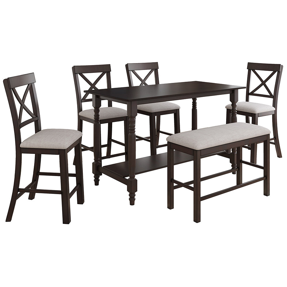 Dining Table Set with Upholstered Counter Height Chairs and Bench