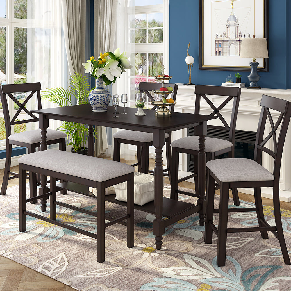 Dining Table Set with Upholstered Counter Height Chairs and Bench