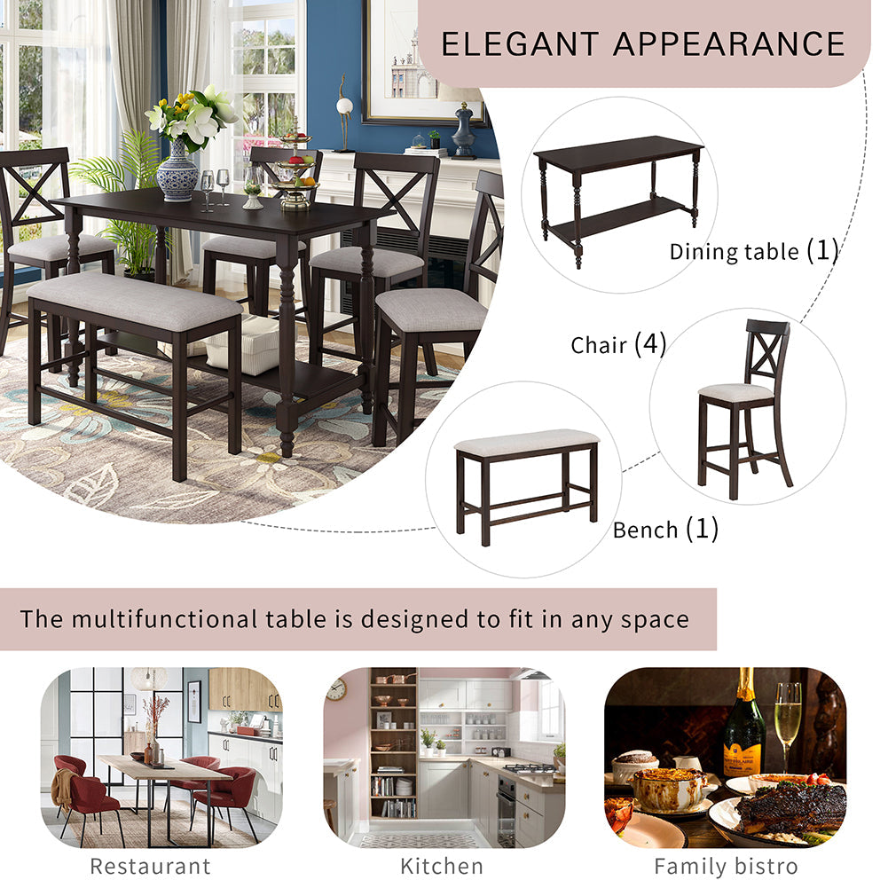 Dining Table Set with Upholstered Counter Height Chairs and Bench