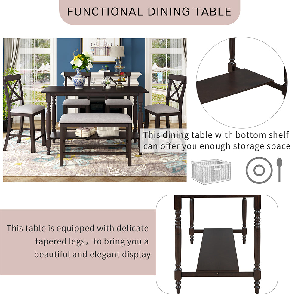 Dining Table Set with Upholstered Counter Height Chairs and Bench