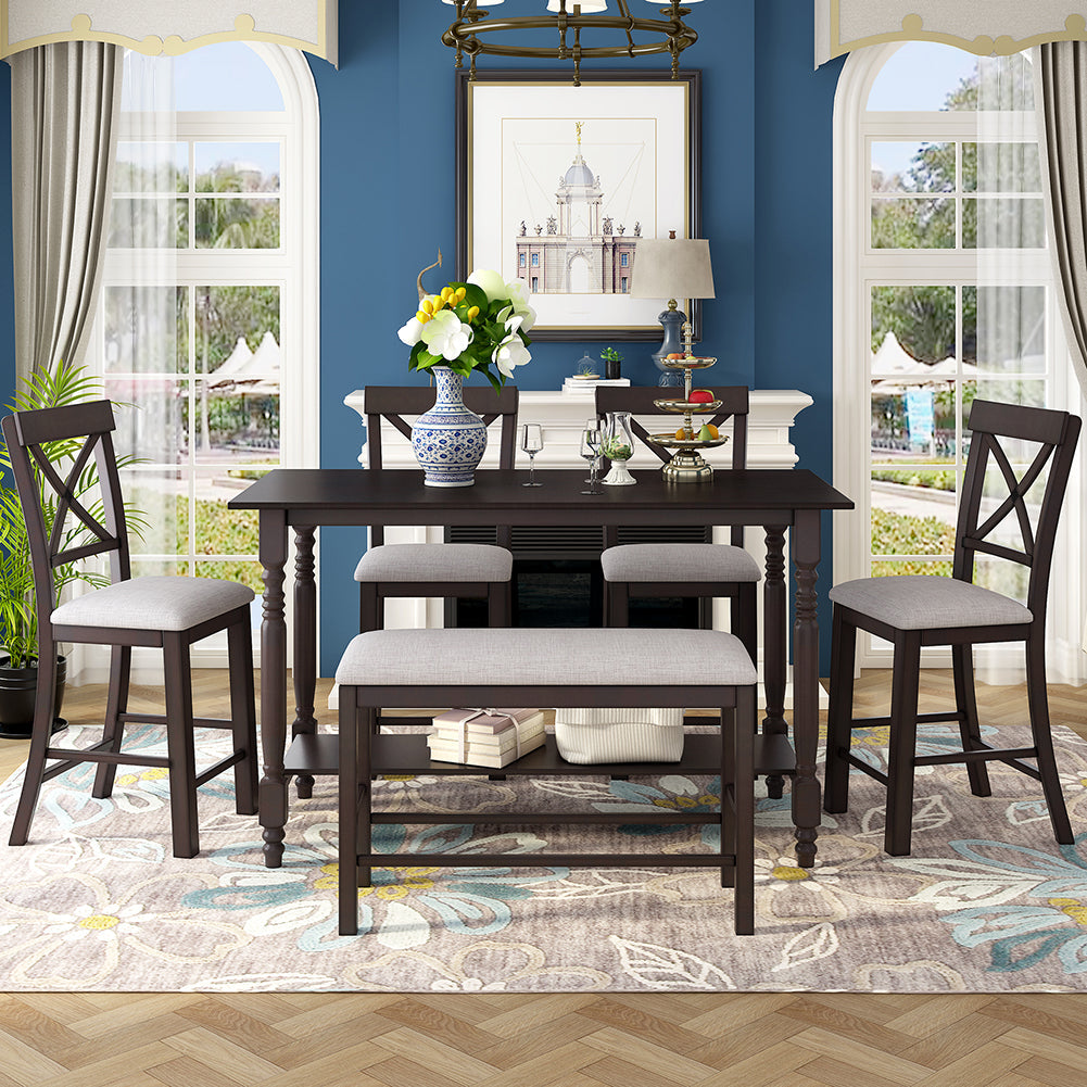 Dining Table Set with Upholstered Counter Height Chairs and Bench