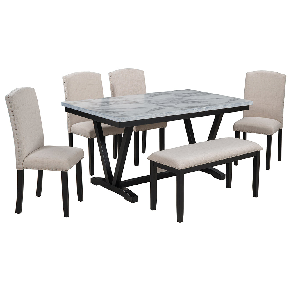 Dining Table Set with Upholstered Chairs and Bench