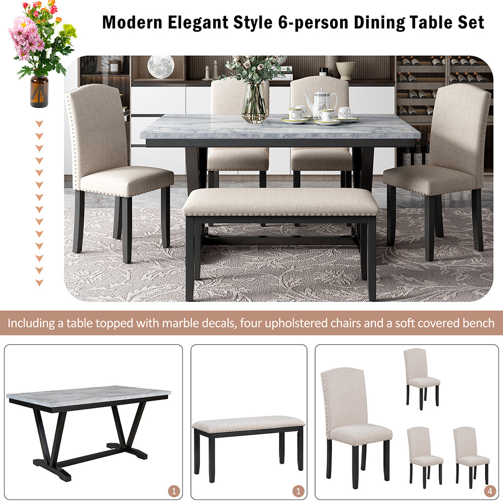 Dining Table Set with Upholstered Chairs and Bench