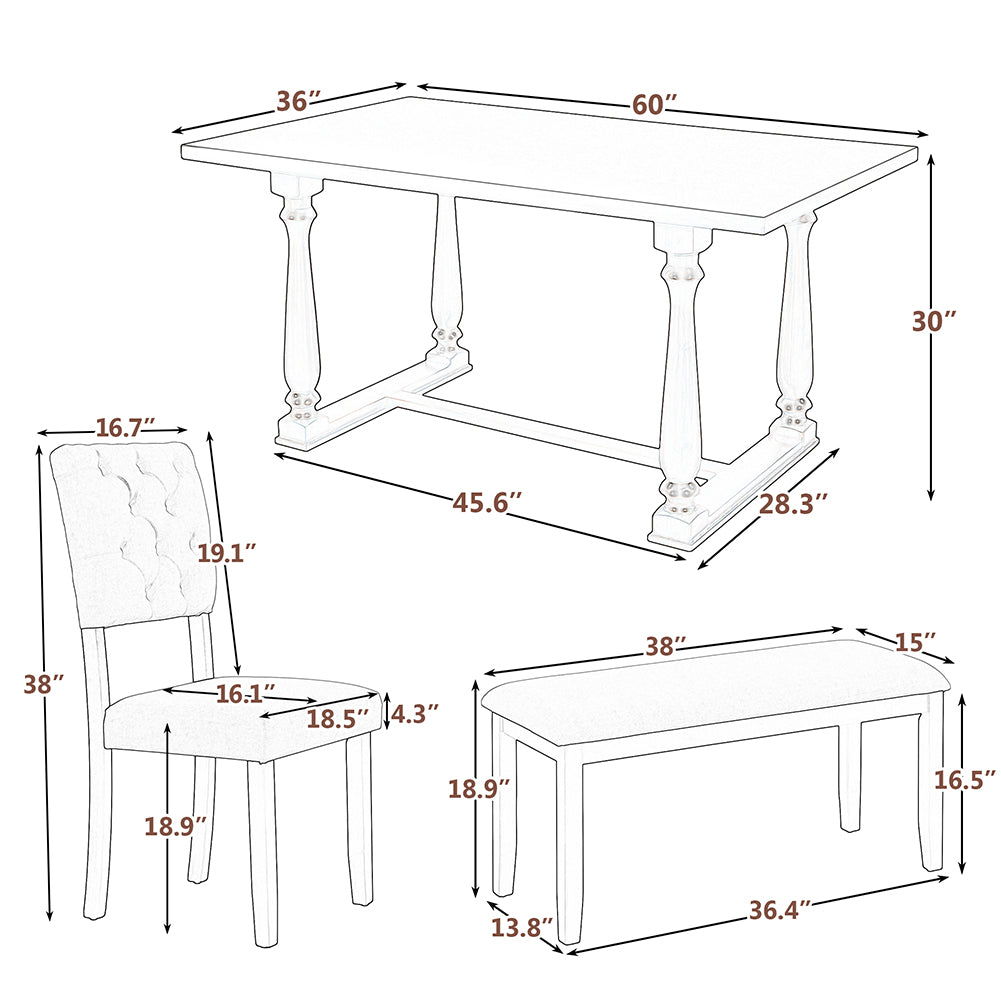 Dining Table Set with 4 Side Chairs and Bench