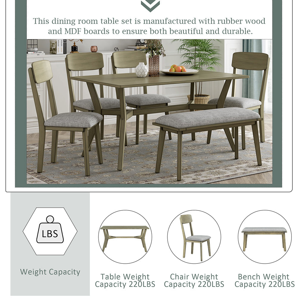 Dining Table Set with Upholstered Chairs and Bench