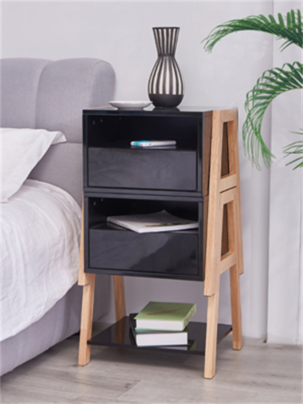 Bedside Table with Storage Drawer and 2 Open Shelves