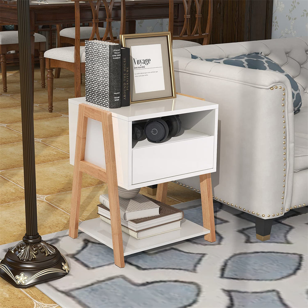 Bedside Table with Storage Drawer and 2 Open Shelves