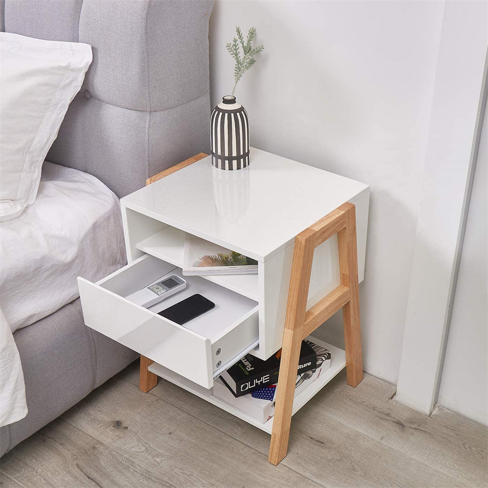 Bedside Table with Storage Drawer and 2 Open Shelves