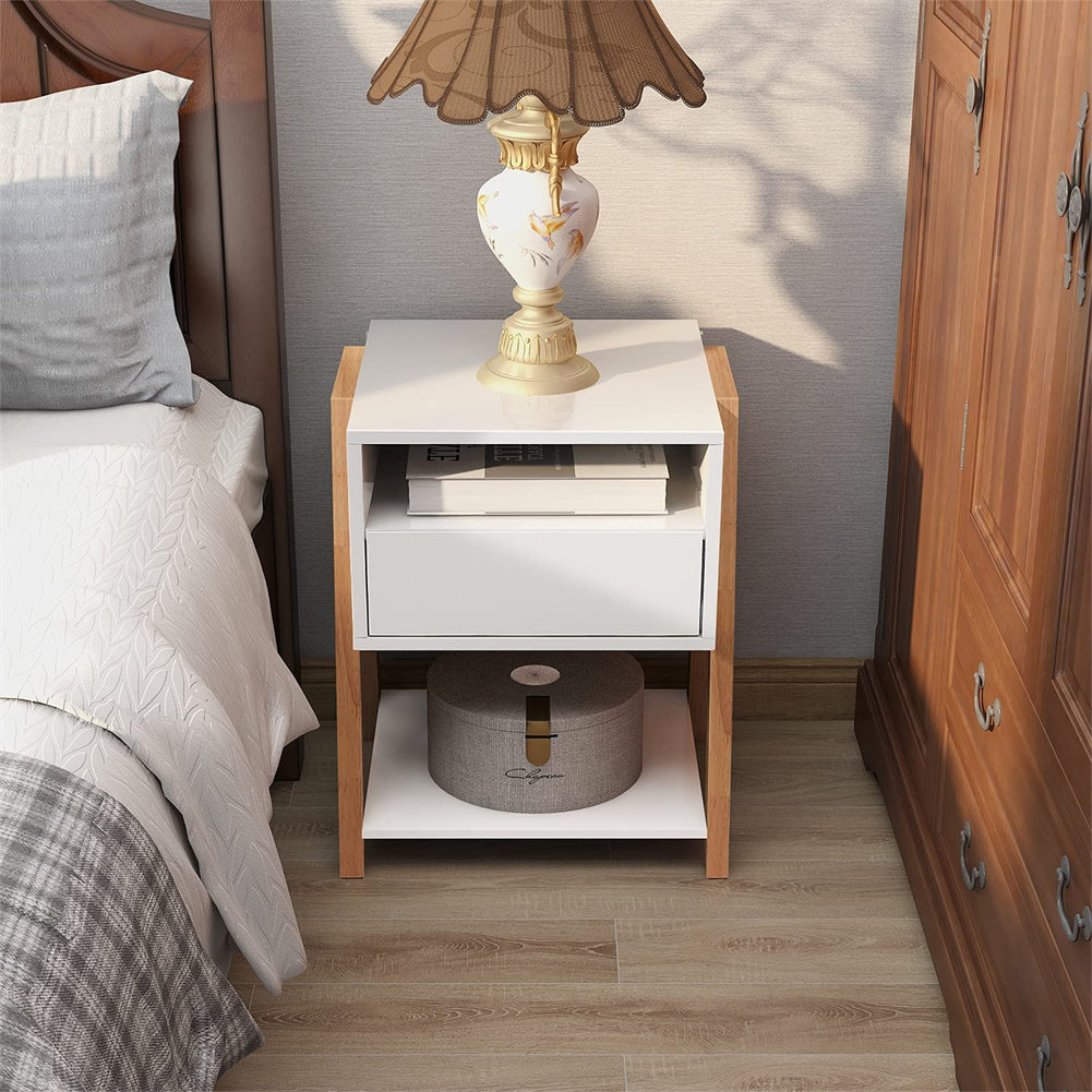 Bedside Table with Storage Drawer and 2 Open Shelves