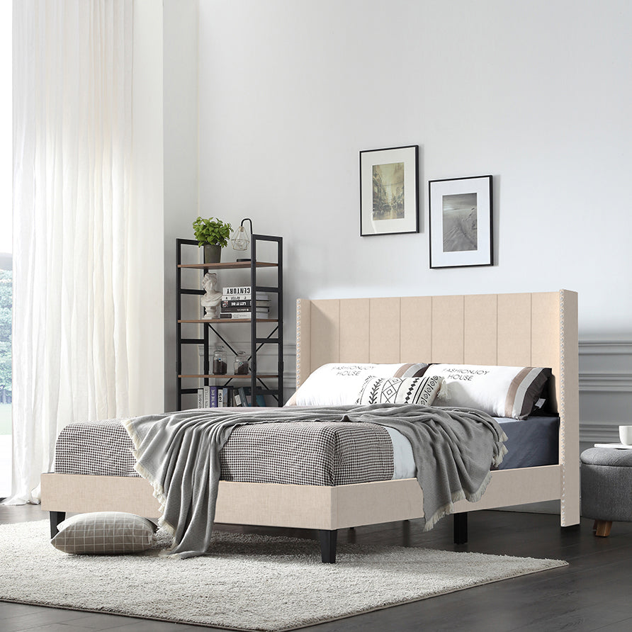 Queen Platform Bed with Upholstered Headboard 