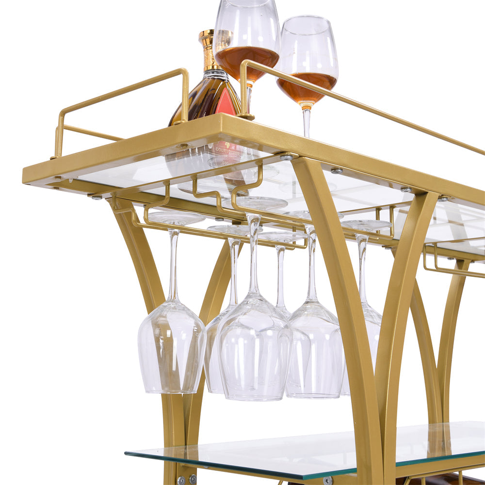 Golden Bar Cart with Wine Rack and Glass Holder and Wheels