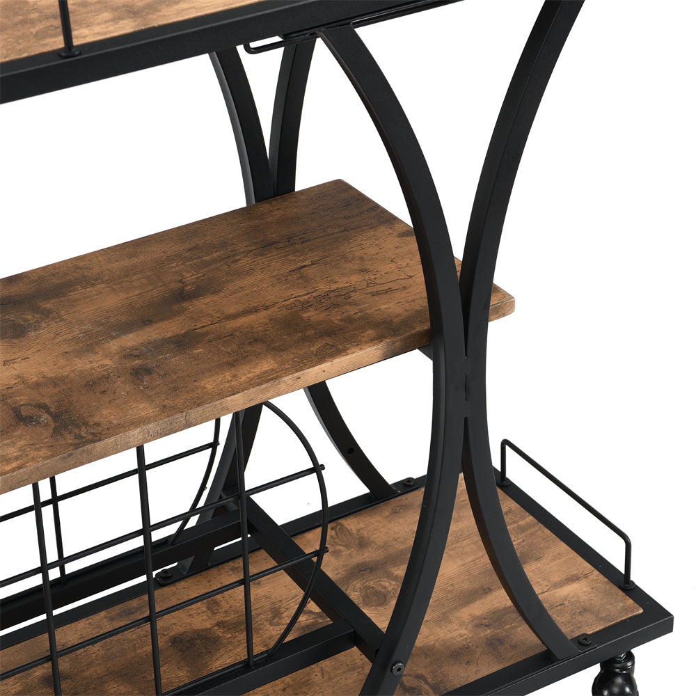 Bar Cart with Wine Rack and Wooden Holder and Wheels, Black