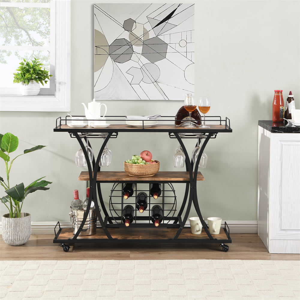 Bar Cart with Wine Rack and Wooden Holder