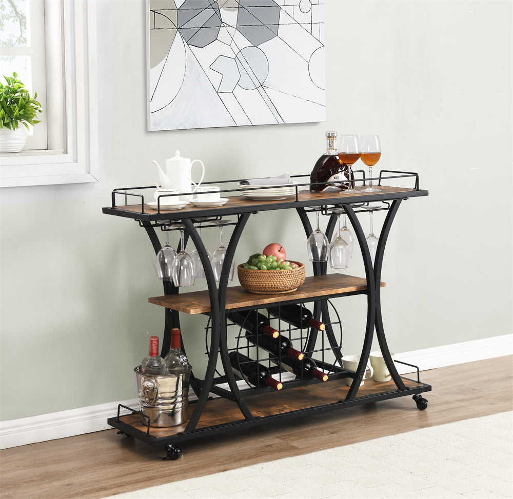 Bar Cart with Wine Rack and Wooden Holder