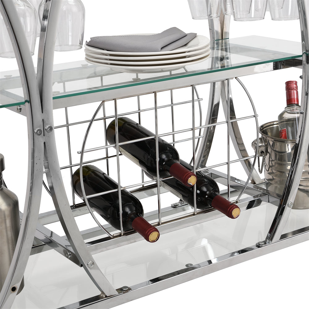 Chrome Bar Cart with Wine Rack and Glass Holder and Wheels, Silver