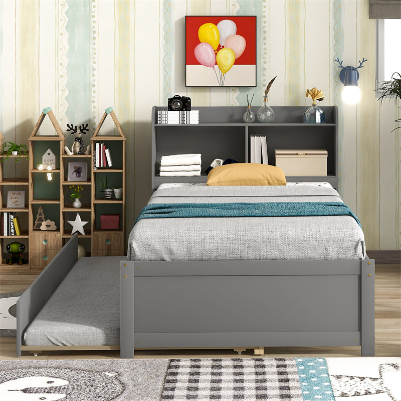 Twin Platform Bed with Trundle and Bookcase Headboard