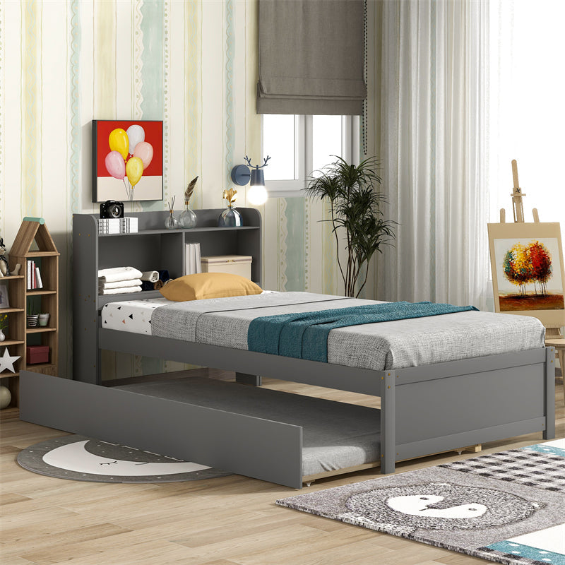 Twin Platform Bed with Trundle and Bookcase Headboard