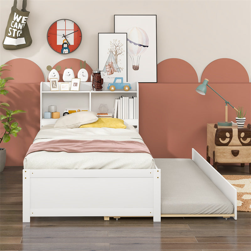 Twin Platform Bed with Trundle and Bookcase Headboard