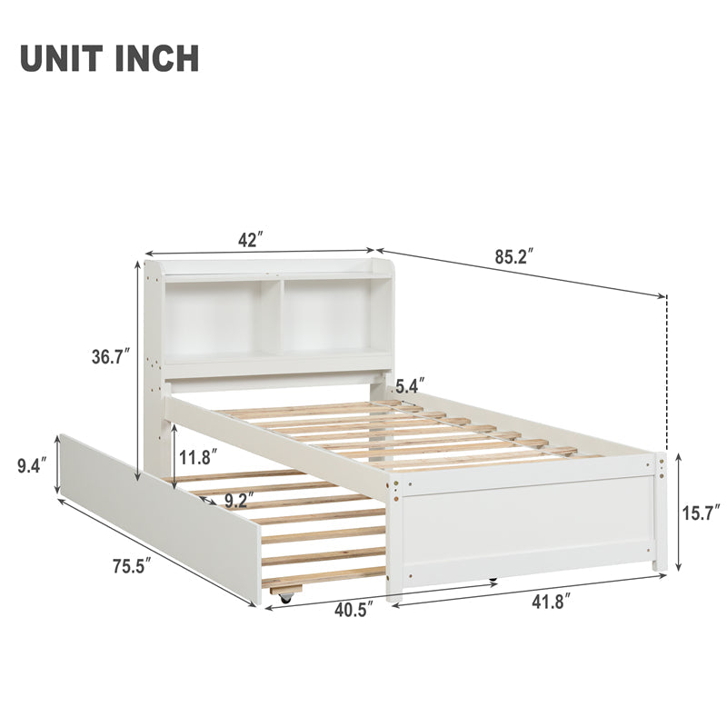 Twin Platform Bed with Trundle and Bookcase Headboard