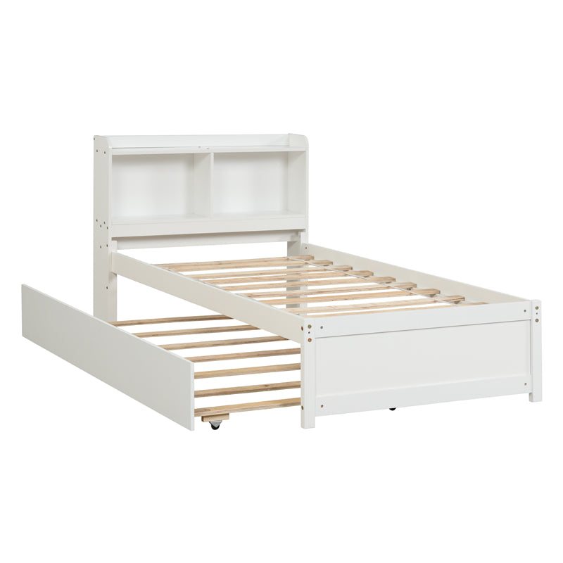 Twin Platform Bed with Trundle and Bookcase Headboard