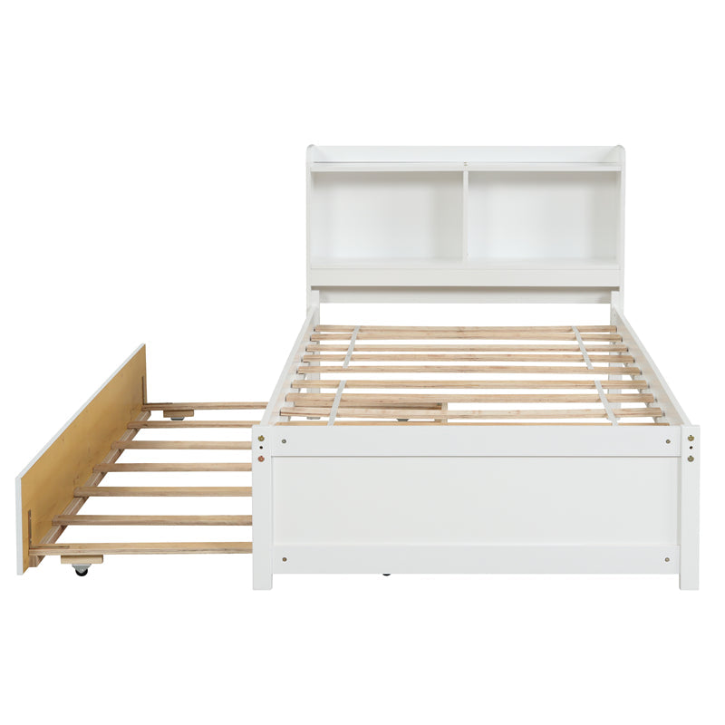 Twin Platform Bed with Trundle and Bookcase Headboard