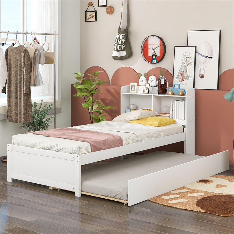 Twin Platform Bed with Trundle and Bookcase Headboard