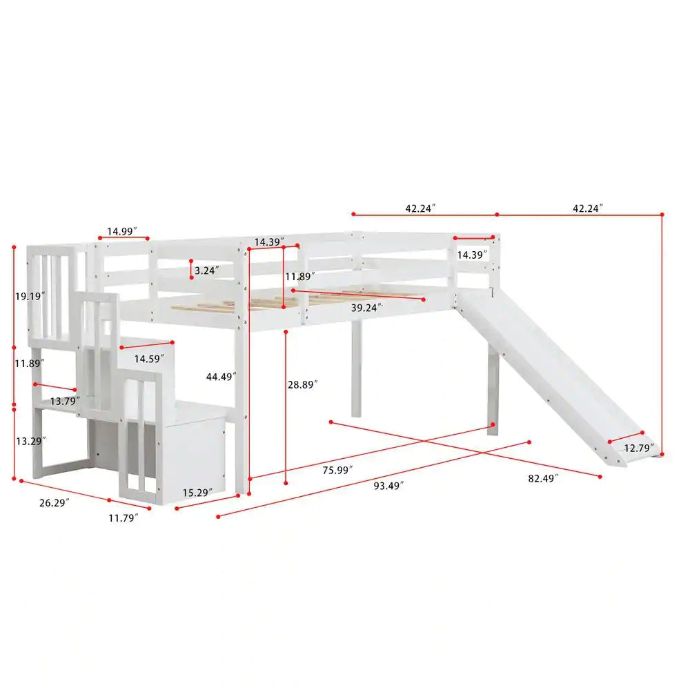 Twin Size Loft Bed with Staircase and Slide, White