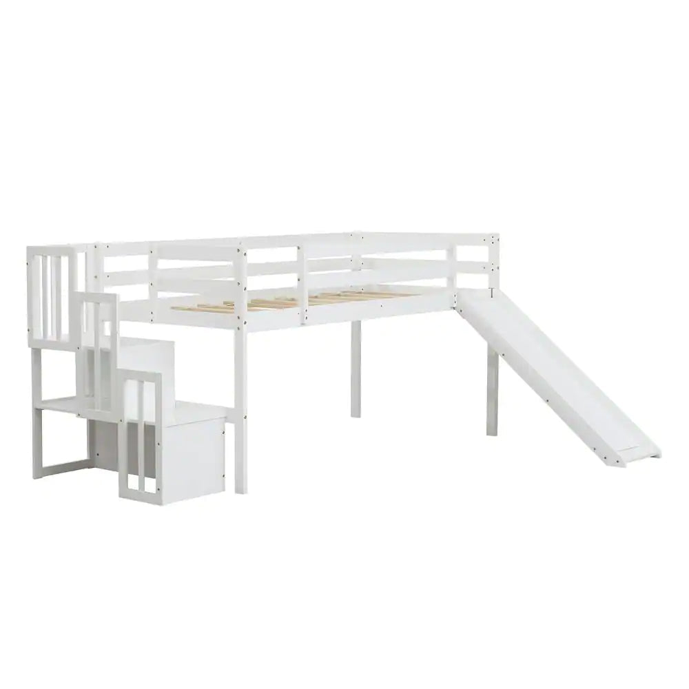 Twin Size Loft Bed with Staircase and Slide, White